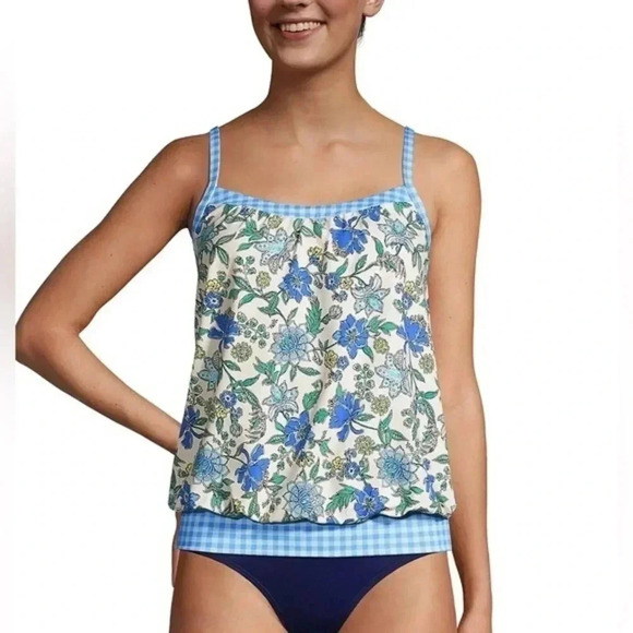 Lands End Chlorine Resistant Blouson Tankini Top Lotus Floral Gingham Size 30DDD - Picture 1 of 7